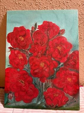 Red Floral Canvas Oil Painting - Handpainted Rose Bouquet